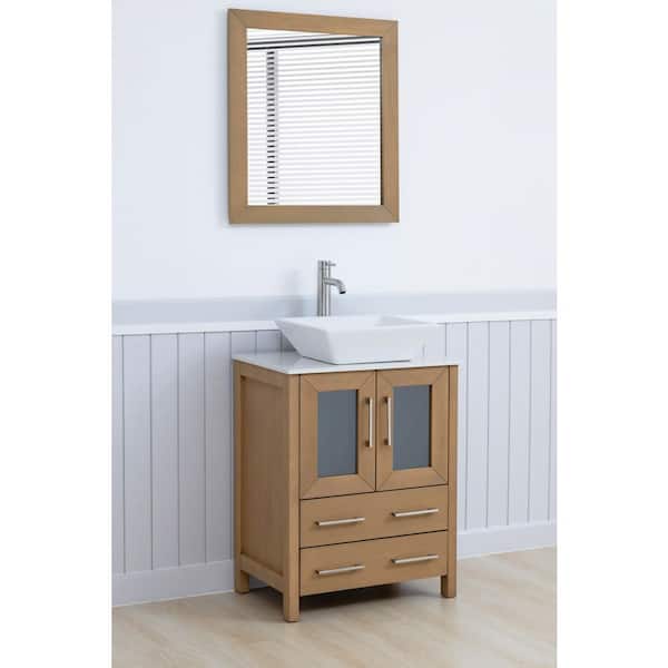 24 in. W Single Basin Natural Oak Bath Vanity with White Engineered Marble Top and Mirror