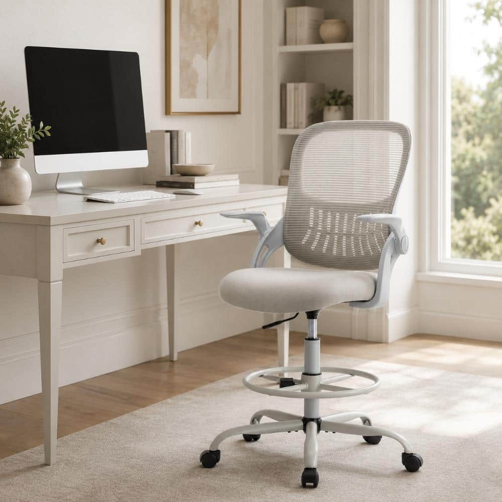Tall Mesh Adjustable Height Office Chair with Foot Ring for Standing Desk in Gray with Movable Armrest