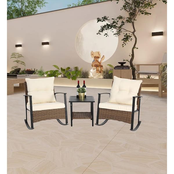 Unbranded 3 Pieces Wicker Rocking Chairs for Outdoors, Patio Chat Sets with Beige Cushion for Porch, Poolside, Balcony and Yard