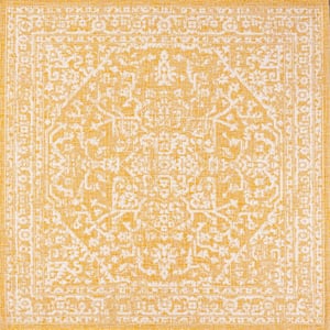 Malta Bohemian Medallion Textured Weave Yellow/Cream 5 ft. Square Indoor/Outdoor Area Rug