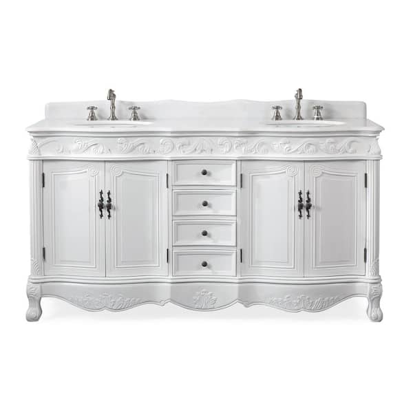 Benton Collection Beckham 64 in. W x 22 in. D x 36 in. H Double Sink Bathroom Vanity in Antique White with White Marble top