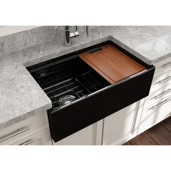 Step-Rim Black Fireclay 30 in. Single Bowl Farmhouse Apron Front Workstation Kitchen Sink w/ Accessories