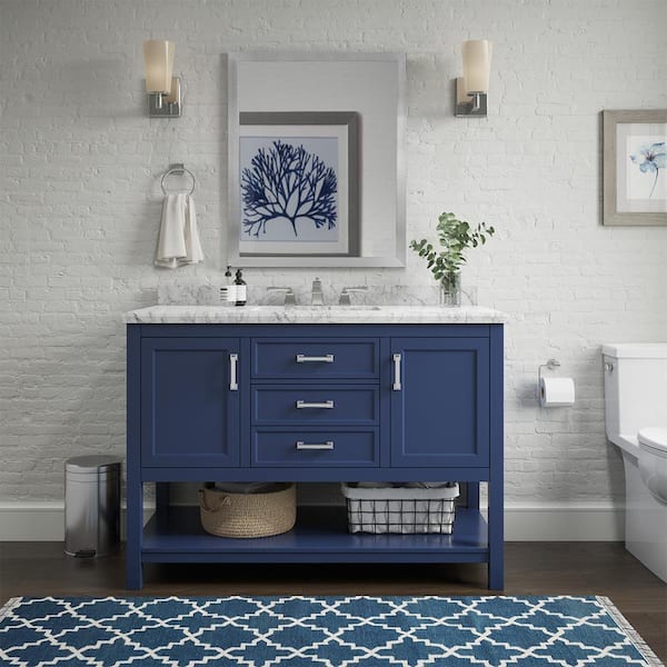 Home Decorators Collection Everett 49 in. W x 22 in. D x 36 in. H Single Sink Freestanding Bath Vanity in Aegean Blue with Carrara Marble Top