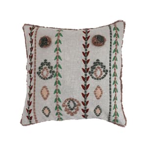 Embroidered Cotton Pillow with Chambray Back and Fringe