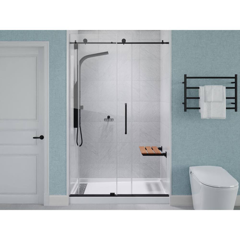 Matte Black Teak Wall Mounted Folding Shower Seat