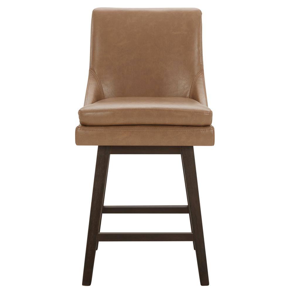 Saddle Brown Faux Leather Swivel Counter Stools with Espresso Wood Frame, Set of 2