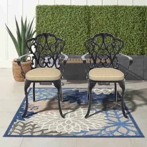 Black Cast Aluminum Patio Outdoor Dining Chair with Random Color Cushion (2-Pack)