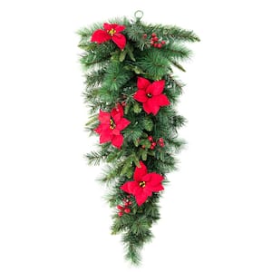3 ft. L Pre-Lit Greenery Pine Poinsettia and Red Berries Christmas Teardrop swag with 50 Warm White Lights and Timer
