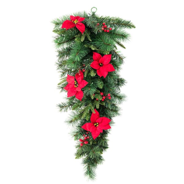 Glitzhome 3 ft. L Pre-Lit Greenery Pine Poinsettia and Red Berries Christmas Teardrop swag with 50 Warm White Lights and Timer