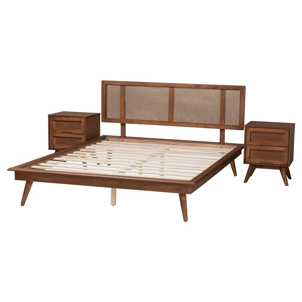 Walnut Brown Wood and Rattan King Size 3-Piece Bedroom Set