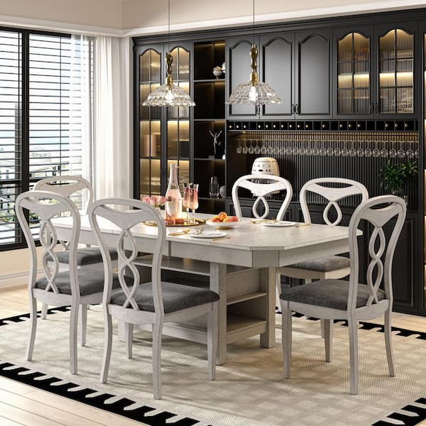 7-Piece Extendable Solid Rubberwood Dining Table Set with Upholstered Chairs-Space-Saving Gray Dining Table Set