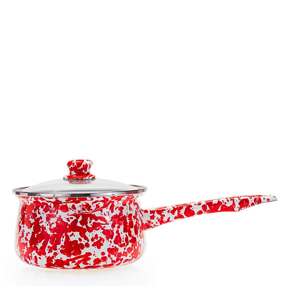 Golden Rabbit Red Swirl 1.25 qt. Porcelain-Coated Steel Sauce Pan in Sea Glass with Glass Lid