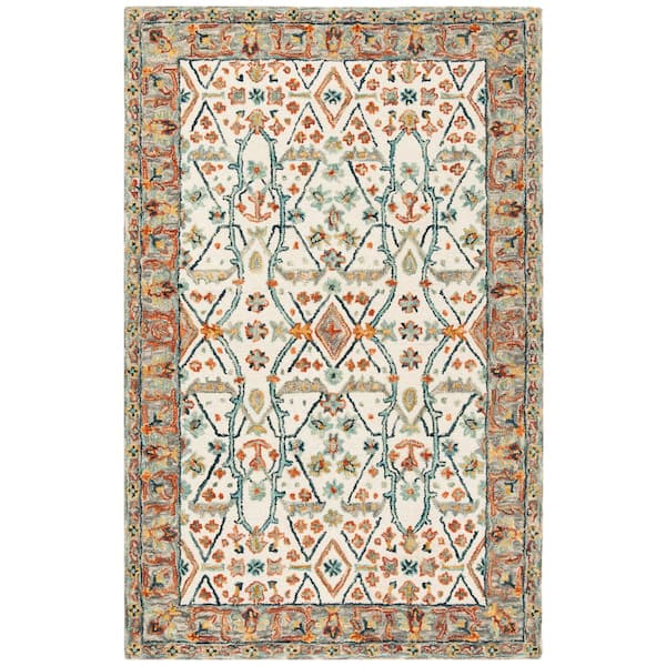 SAFAVIEH Aspen Ivory/Blue 4 ft. x 6 ft. Border Floral Speckled Area Rug
