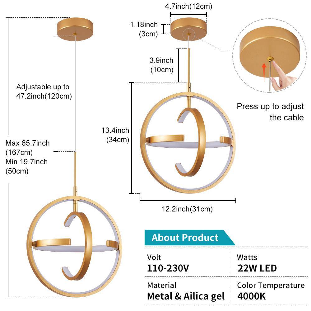 Gold Adjustable Globe LED Pendant Light with Cage Design