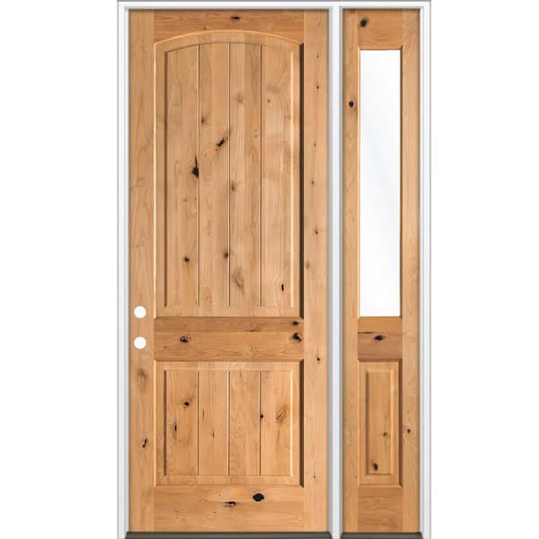 50 in. x 96 in. Knotty Alder Arch Top Right-Hand/Inswing Clear Glass BEHR Cedar Stain Wood Prehung Front Door w/ RHSL