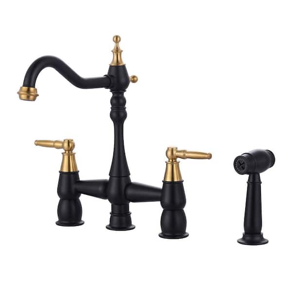 Double Handle Brass Vintage Bridge Kitchen Sink Faucet with Side Sprayer and Supply Lines in Brushed Gold
