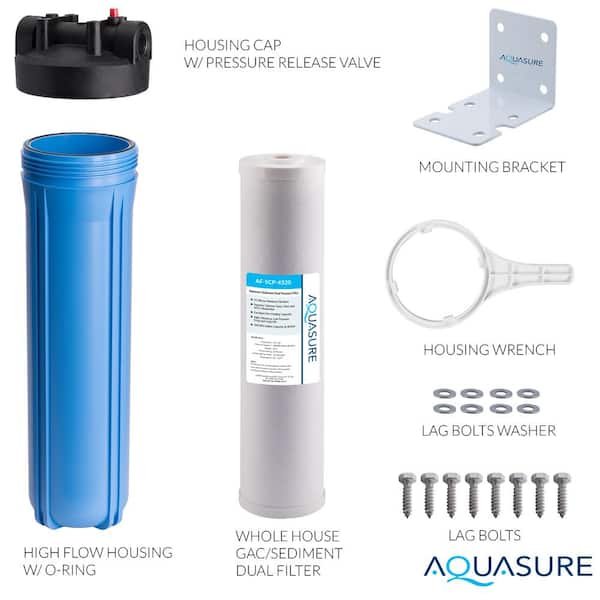 Aquasure Fortitude High Flow Whole House 25 Micron Sediment 20 x 4.5 Carbon Dual Purpose Water Treatment System 