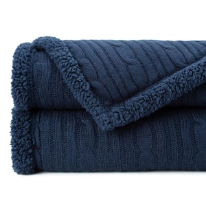 Cable Knit Blue Polyester Throw Blanket with Reversible Sherpa, 50 in. x 65 in.