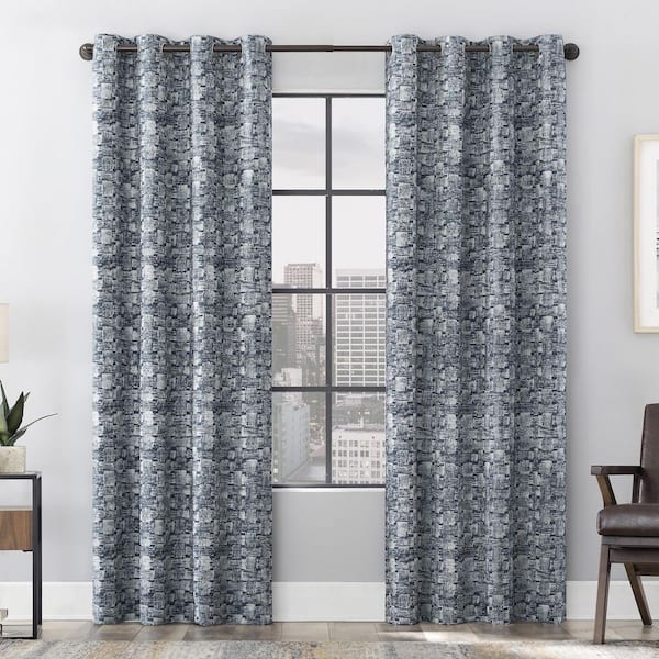 SCOTT LIVING Osaka Brushstroke Cotton Blend 50 in. W x 84 in. L 100% Blackout Grommet Curtain Panel in Blue