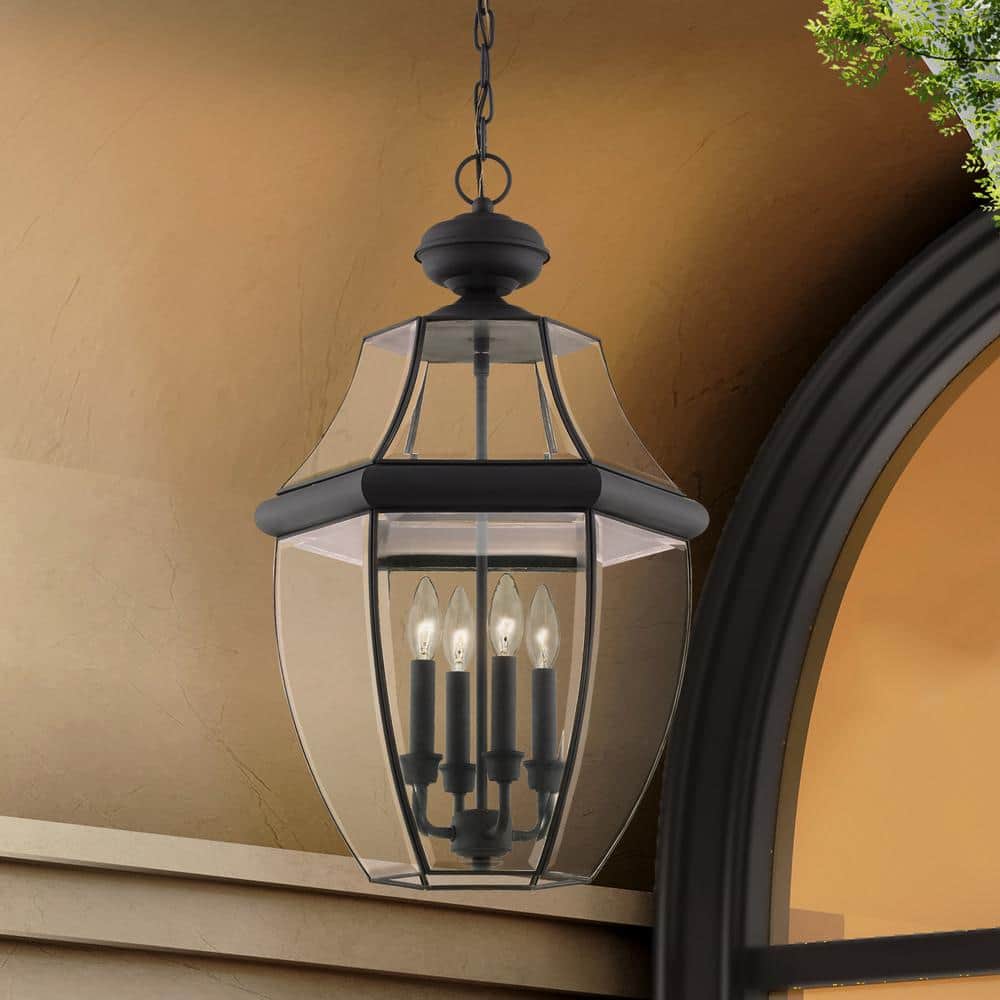 Monterey 4-Light Black Brass Outdoor Pendant with Beveled Glass