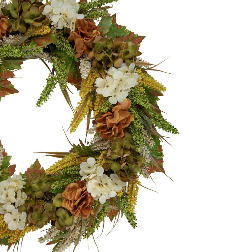 28-Inch White and Orange Hydrangea Artificial Fall Wreath