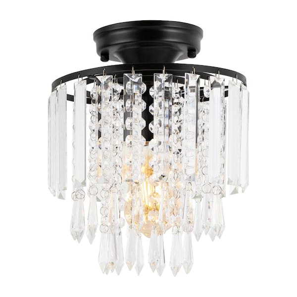 OUKANING 9.05 in. 1-Light Black Modern Crystal Semi-Flush Mount Ceiling-Light for Bedroom Hallway Kitchen, No Bulbs Included