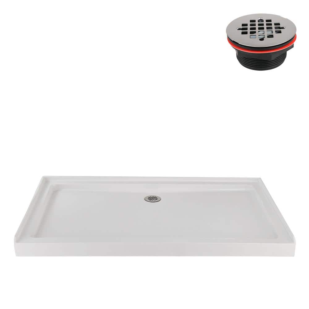 60'' Glossy White Rectangular Acrylic Shower Base with ABS Drain