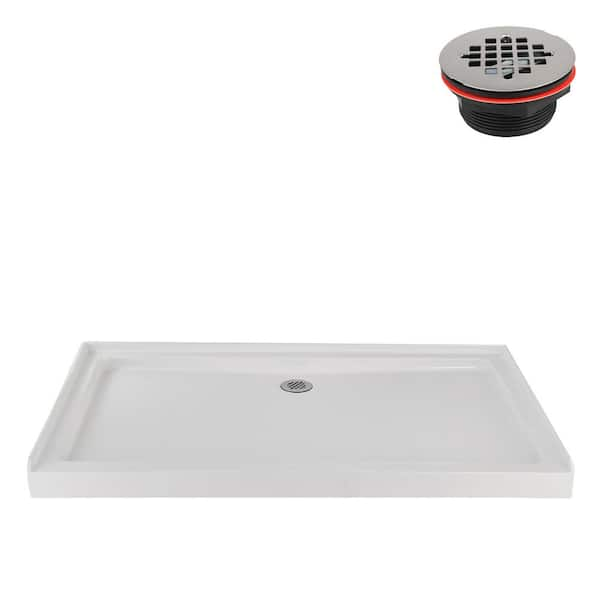 60 in. L x 36 in. W Alcove Acrylic Shower Pan Base in Glossy White with Center Drain, Drain Included