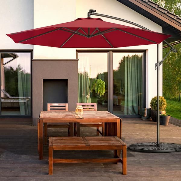 10 ft. Metal Cantilever Solar Patio Umbrella LED Sun Shade Offset W/Base in Burgundy