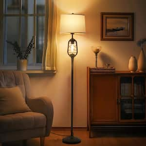 67 in. Black Classic Industrial 2-Lights Standard Floor Lamp with Fabric Drum and Metal Cage Shades with Dual Switch