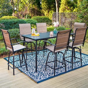 Black 7-Piece Metal Rectangle Outdoor Patio Bar Set with Wood-Look Bar Table and Padded Swivel Bistro Chairs