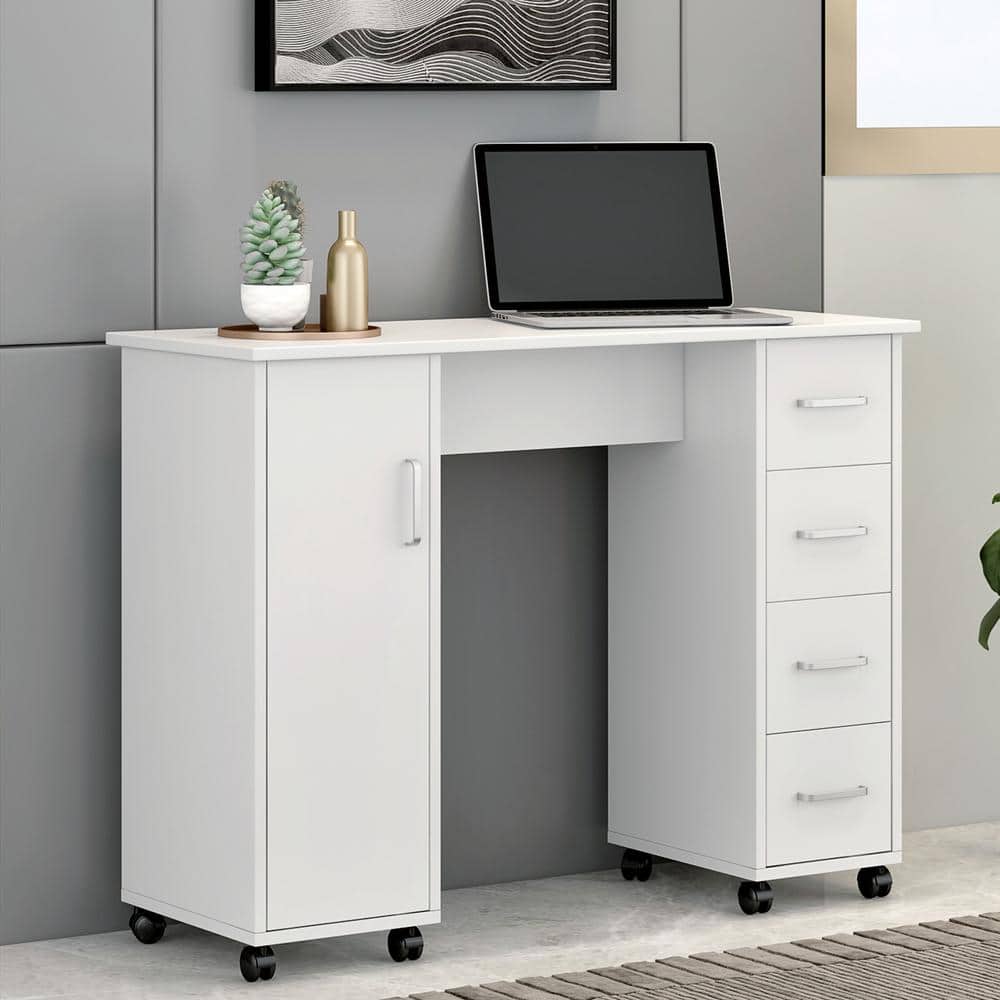71 Modern White Home Office Executive Desk with Drawers & Storage Cabinet  in Gold Base