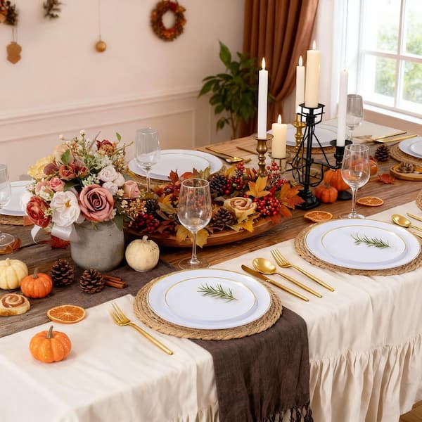 150-Piece White Disposable Plastic Dinnerware Set (Service for 30) with Dinner Plate, Dessert Plate, Gold Cutlery Set