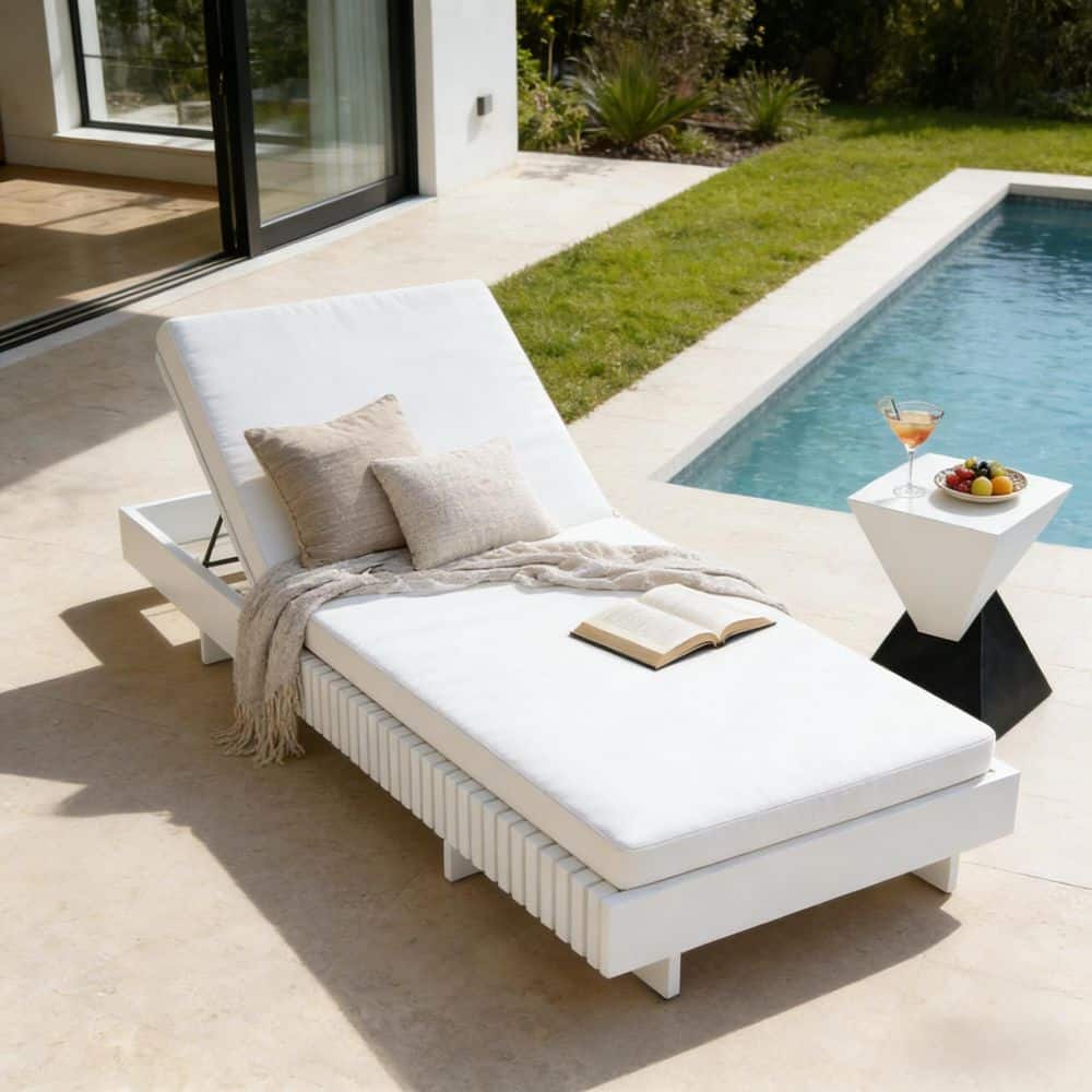 White Solid Acacia Wood Outdoor Chaise Lounge with 6-Position Adjustable Backrest and Double Fold Cream Cushion