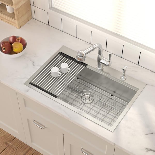 30 in. x 22 in. Top Mount Single Bowl 16-Gauge Stainless Steel Drop-In Workstation Kitchen Sink with Bottom Grids