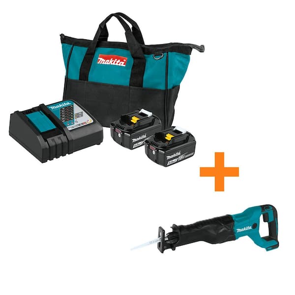 Makita 18V LXT Lithium-Ion Battery and Rapid Optimum Charger Starter Pack (5.0Ah) with bonus 18V LXT Reciprocating Saw