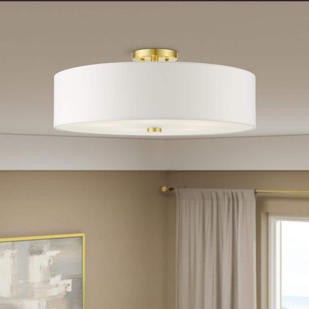 Satin Brass 5-Light Semi-Flush Drum Ceiling Fixture with Off-White Shade