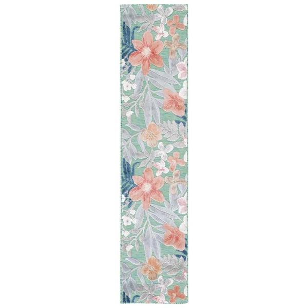 Cabana Green/Rust 2 ft. x 15 ft. High-Low Floral Leaf Indoor/Outdoor Runner Rug