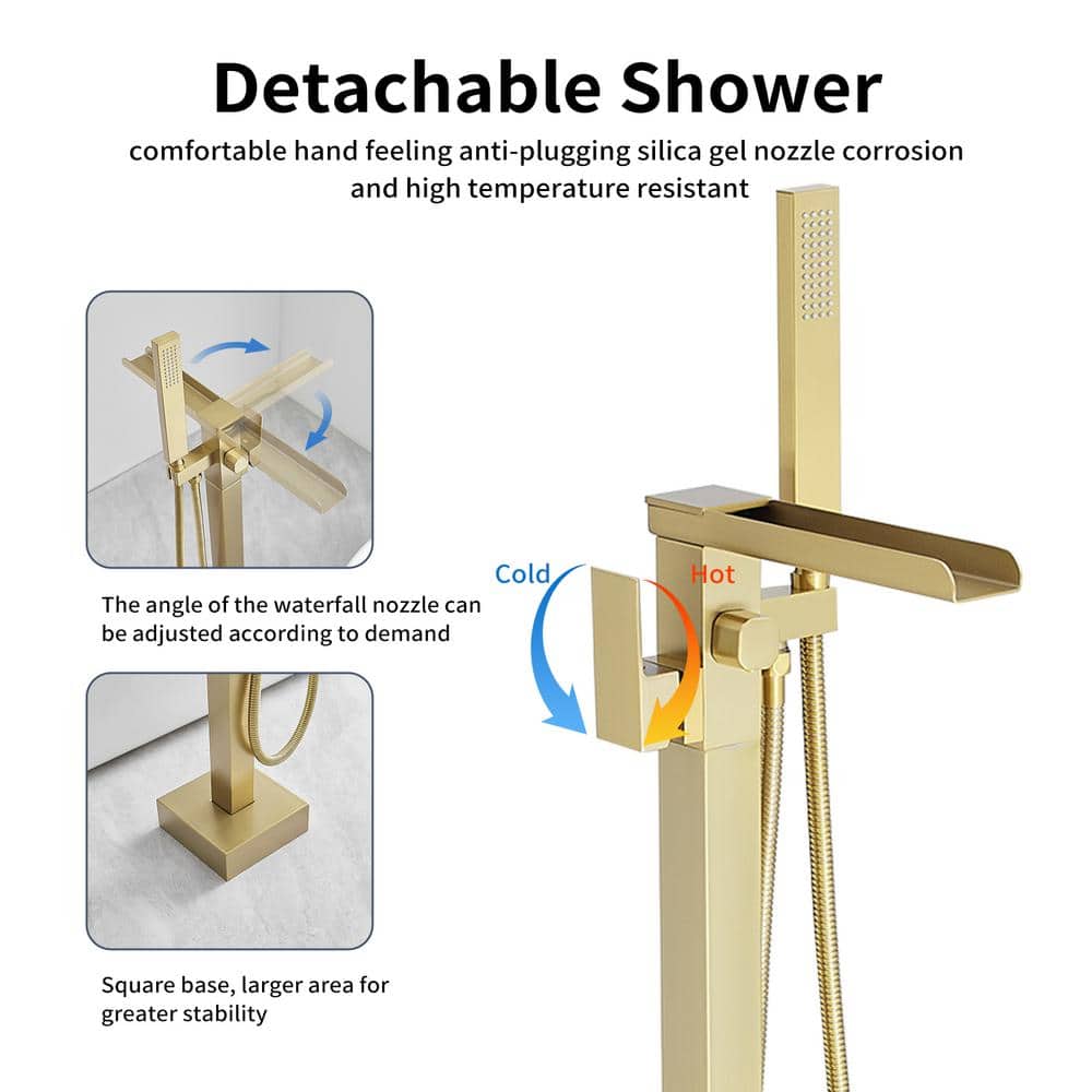 Brushed Gold Freestanding Tub Faucet with Handheld Shower