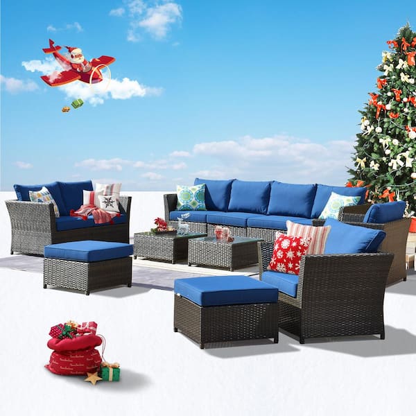 HOOOWOOO Mesa Brown 12-Piece No Assembly Wicker Outdoor Patio Conversation Sofa Set with Navy Blue Cushions