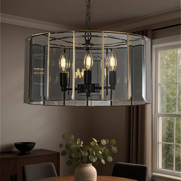 ALOA DECOR 5-Light W 20 in. Modern Black and Brass Glass Drum Chandelier with Smoked Art Glass for Dining Room Living Room