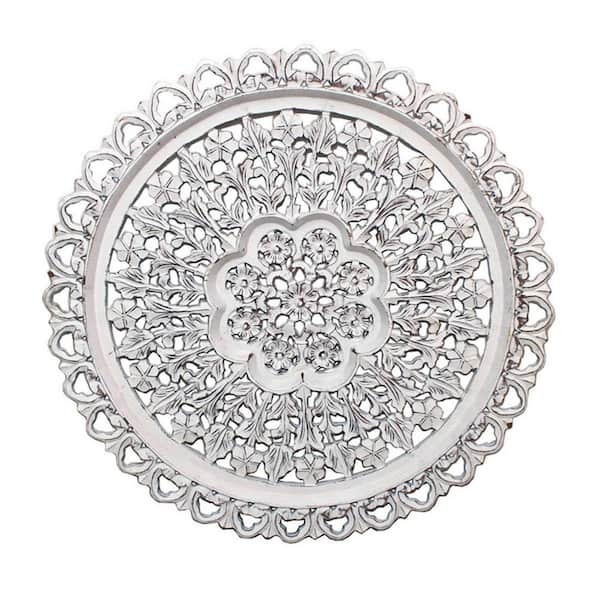 Benjara White Wooden Framed Round Hanging Wall Art Decor Carved 3D Floral Design