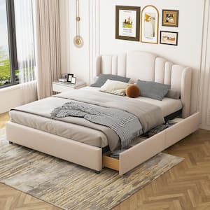 Beige Upholstered Wood Frame Queen Size Platform Bed with Wingback Headboard and 4 Storage Drawers