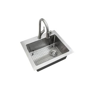 AIO Dolancourt Tight Radius Drop-in/Undermount 18G Stainless Steel 25 in. Single Bowl Kitchen Sink with Pull-Down Faucet