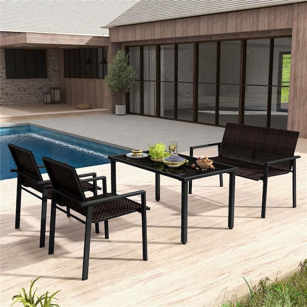 4-Piece Metal Rattan Patio Conversation Set with Heavy-Duty Galvanized Metal Frame Brown