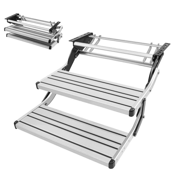 2 Step RV Stairs, 440 lbs. Load Capacity Manual Retractable Folding Aluminum Steps with Non Slip Steel Frame for Camper