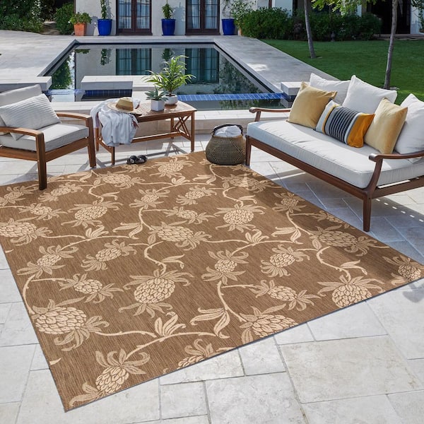 Paseo Aloha Welcome Havana/Sand 5 ft. x 7 ft. Floral Indoor/Outdoor Area Rug