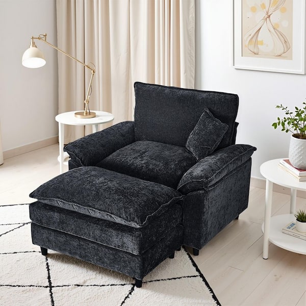 Oversized Black Chenille Soft Single Sofa Arm Chair with Ottoman and 1-Small Pillow for Bedroom and Living room