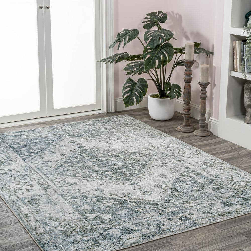 Pavel Light Gray and Blue Synthetic Medallion Washable Area Rug