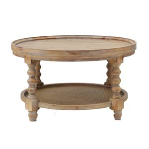29.5 in. Brown Round Wood Top Coffee Table with Lower Tier Woven Wicker Shelf